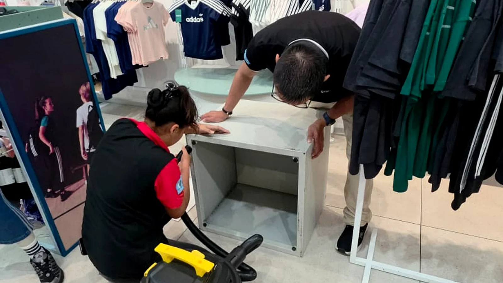 Limpieza de mobiliario y aspirado de exhibidores en un local comercial por Colimpia